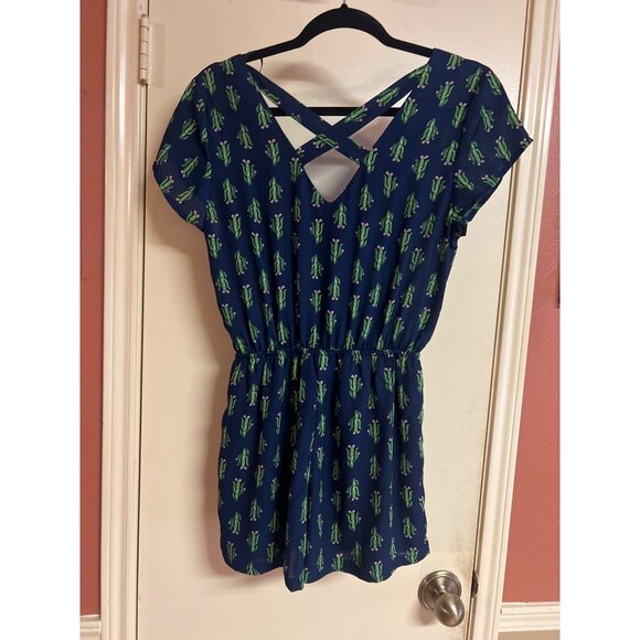 Cactus Print Romper By As U Wish - Size S 100% Polyester Blue & Green Made In Ch - Picture 7 of 7